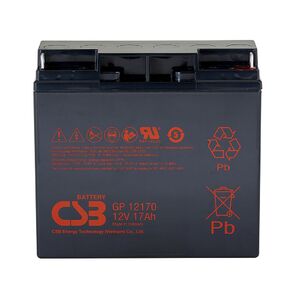 Battery CSB series GP,  GP12170 B3,  voltage 12V,  capacity 17Ah  (discharge 20 hours),  max. discharge current  (5 sec.) 230A,  short circuit current 532A,  max. charge current 5.1A,  lead-acid type AGM,  terminals B3,  for nut and bolt M6,  LxWxH 181x76.2x167mm.,  weight 5.5kg.,  service life 5 years.