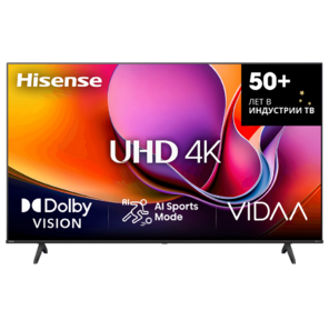 Телевизор ЖК 55'' Hisense /  55",  Ultra HD,  VA,  Smart TV  (ОС VIDAA U8.5),  Wi-Fi,  DVB-T2 / C / S2,  2х7W,  CI+ (1.4),  3хHDMI,  2хUSB,  Works with Alexa,  Alexa Built-in,  VIDAA Voice,  Yandex,  Black,  2025