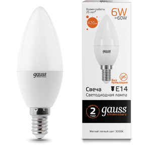 GAUSS 33116 Светодиодная лампа LED Elementary Свеча 6W E14 420lm 3000K