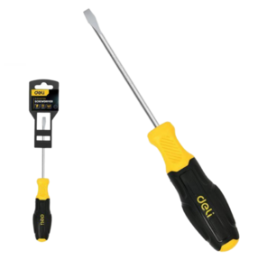 Шлицевая отвертка Deli DL6330751 3х75мм Материал: CR-V. Двухкомпонентная ручка. Хромированная.