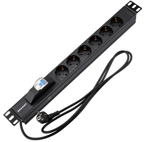 Rexant  (04-0103-1) Блок распределения питания для 19" шкафов,  горизонтальный,  6 розеток СЕЕ 7 / 4,  16A,  автомат защиты,  алюм корп,  шнур 2м,  вилка СЕЕ 7 / 7