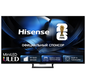 Телевизор ЖК 55'' Hisense /  55",  Ultra HD,  Mini LED,  VA,  Local Dimming Zones 192,  4K 48-144Hz,  2K 48-240Hz,  Smart TV  (HomeOS U9),  Wi-Fi,  DVB-T2 / T / C / S2 / S,  HDR 10+,  Dolby Vision,  Dolby Atmos,  Bluetooth,  2.1ch 2*10W (Main)+20W (Subwoofer),  500 nits,  5000:1,  CI+ (1.4),  4хHDMI,  2хUSB,  FreeSync Premium PRO,  144Hz Game Mode Pro,  Charcoal grey,  2026