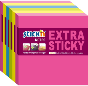 Блок самоклеящийся бумажный Stick`n Extra Sticky 21679 76x76мм 90лист. 70г / м2 неон ассорти  (упак.:6шт)