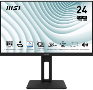 MSI PRO MP242AP 23.8" 16:9 FHD (1920x1080) IPS Flat, 1ms (MPRT), 1000:1, 100M:1, 300nit, 178 / 178, HDMI 1.4, DP 1.2, VGA (D-Sub), Speaker, Tilt, Swivel, Height, Pivot, VESA, 100Hz, Black, 1y war-ty