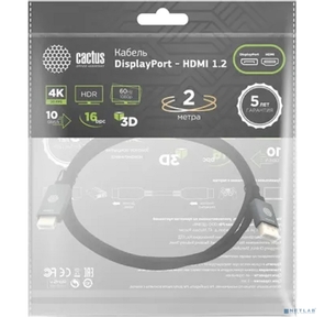 Кабель аудио-видео Cactus CS-DP-HDMI-1.2-2 DisplayPort  (m) / HDMI  (m) 2м. позолоч.конт. черный