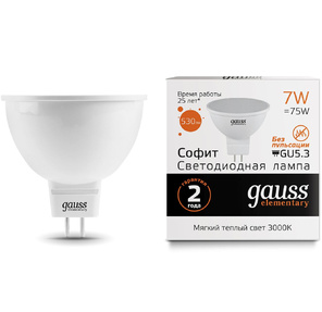 GAUSS 13517 Светодиодная лампа LED Elementary MR16 GU5.3 7W 530lm 3000K 1 / 10 / 100 0
