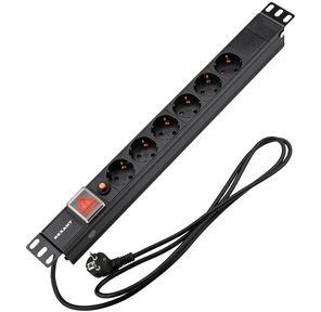 Rexant  (04-0102-1) Блок распределения питания для 19" шкафов,  горизонтальный,  6 розеток СЕЕ 7 / 4,  16A,  фильтр,  выкл,  алюм корп,  шнур 2м,  вилка СЕЕ 7 / 7