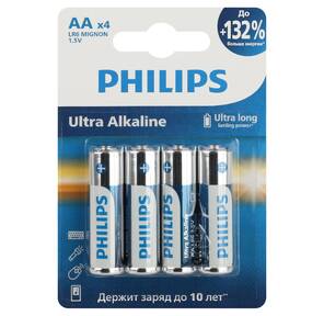 Philips Батарейки LR6E4B / 51 АА алкалиновые 1, 5v,  LR6-4BL Ultra  (4 / 48 / 144 / 18432). Блистер 4 шт.