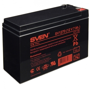 Battery SVEN SV 1270  (12V 7Ah),  12V voltage,  7Ah capacity,  max. discharging rate of 105A,  max. charging rate 2.1A,  the type of lead-acid AGM,  type lead terminal F2