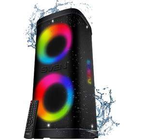 Мобильные колонки SVEN PS-950 2.0 чёрные  (2x80 W,  IPx4,  mini Jack,  2 х 6.35 мм Jack,  USB,  NFC,  Bluetooth,  FM,  micro SD,  ПДУ,  2 x 4400 мA,  LED подсветка)