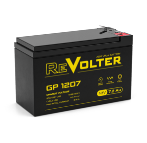 Аккумуляторная батарея REVOLTER GP 1207 напряжение 12В,   емкость 7, 2Ач,  клемма F2  (ДхШхВ: 150х65х94мм Полная высота 95мм;Кол-во элементов 6; Срок службы 5лет; Гарантия 1год)