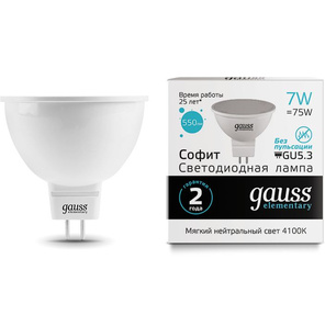 GAUSS 13527 Светодиодная лампа LED Elementary MR16 GU5.3 7W 550lm 4100K 1 / 10 / 100 0