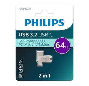 Флеш накопитель 64Gb PHILIPS 2-in-1 USB 3.2 USB C,  OTG,  USB 3.2 / Type-C,  Металл,  100 MB / s