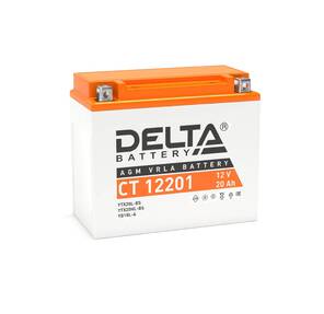 Стартерный мото аккумулятор Delta CT 12201 напряжение 12В,   емкость 20Ач,  клемма Болт + гайка ? 6 мм  (ДхШхВ: 177х88х154мм Полная высота 159мм; Вес 5, 5кг; Кол-во элементов 6; Срок службы 5лет; Гарантия 1год)