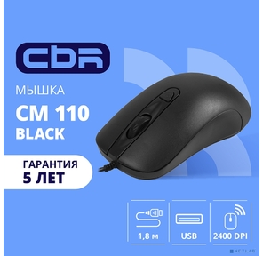 CBR CM 110 Black USB,  Мышь офисн.,  800 / 1200 / 1600 / 2400 dpi,  4 кн.,  1.8 м,  резиновое колесо прокрутки
