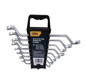 Набор накидных изогнутых гаечных ключей 8 шт Deli DL150008A Спецификация: 6x7мм,  8x9мм,  10x11мм,  12x13мм,  14x15мм,  16x17мм,  18x19мм,  20x22мм. Матовая хромированная поверхность. Пластиковая упаковка.