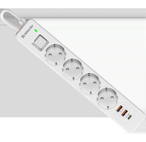 Defender Удлинитель с сетевым фильтром DFS 141,  белый,  4розетки,  USB+TypeC,  1.5 м.