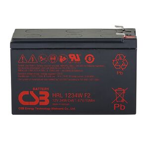 Battery CSB series HRL,  HRL1234W F2 FR,  voltage 12V,  capacity 34 W / C at 15 min. discharge to U con. - 1.67 V / Cel at 25°C,   (discharge 20 hours),  max. discharge current  (5 sec.) 130A,  short circuit current 367A,  max. charge current 3.4A,  lead-acid type AGM,  terminals F2,  LxWxH 150.9x64.8x98.6mm.,  weight 2.7kg.,  service life 5 years,  case made of fire-resistant plastic.