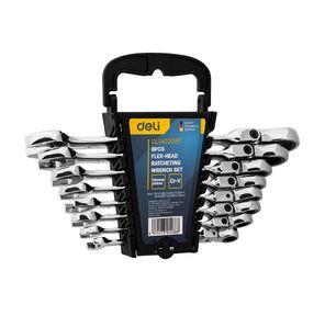 Набор комбинированных шарнирных ключей с трещоткой 8 шт Deli DL140208T Спецификация: 8, 10, 12, 13, 14, 15, 17, 19мм. Сталь 40 Cr. Трещётка 50BV30 72Т.