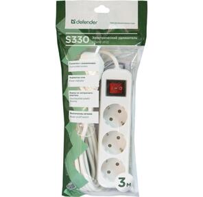 Defender Удлинитель S330 3.0 м,  3 розетки  (99234) выключатель,  с заземлением