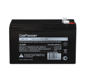 Аккумулятор свинцово-кислотный GoPower LA-1270 12V 7Ah клеммы T2 /  F2  (1 / 5)