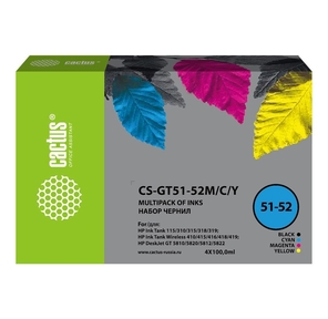 Чернила Cactus CS-GT51-52M / C / Y голубой / пурпурный / желтый / черный набор 4x100 мл для DeskJet GT 5810 / 5820 / 5812 / 5822