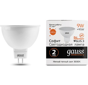 GAUSS 13519 Светодиодная лампа LED Elementary MR16 GU5.3 9W 640lm 3000K 1 / 10 / 100 0