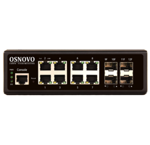 OSNOVO Промышленный гигабитный L2+ коммутатор на 12 портов ,  8*10 / 100 / 1000Base-T,  4*SFP 1000Base-X,  БП опционально