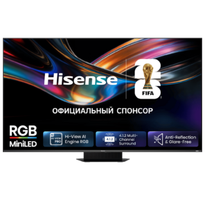 Телевизор RGB Mini-LED 65'' Hisense /  65",  Ultra HD,  VA,  Local Dimming Zones 1056,  4K 48-170Hz,  2K 48-330Hz,  Smart TV  (HomeOS U9.5),  Wi-Fi,  DVB-T2 / T / C / S2 / S,  HDR 10+,  Dolby Vision,  Dolby Atmos,  Bluetooth,  4.1.2 CH,  2*15W (Main)+2*10W (Surround)+20W (Subwoofer)+2*10W (Sky),  800 nits,  8000:1,  DP (Type-C),  CI+ (1.4),  4хHDMI,  2хUSB,  FreeSync Premium PRO,  170Hz Game Mode Pro,  Charcoal grey,  2026