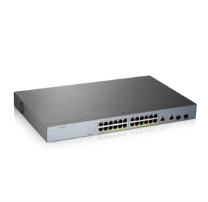 Zyxel GS1350-26HP,  24xGE PoE+,  2xCombo  (SFP / RJ-45),  бюджет PoE 375 Вт,  дальность передачи питания до 250 м,  автоперезагрузка PoE-портов,  повышенная защита от перенапряжений и электростатических разряд