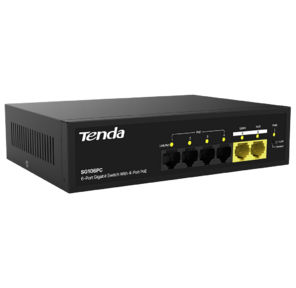 Tenda SG106PC Коммутатор неуправляемый PoE,  6 портов,  6x1 Гбит / с,  PoE 4х до 30 Вт,  2хUplink,  настольный