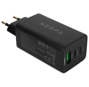 Сетевое зарядное устройство 220В /  Зарядное устройство NERPA PD333CBX 65W GaN PD+QC3.0,  2xUSB-C,  1xUSB-A,  USB-C - USB-C 100W cable 1.5m black,  EU plug,  BOX