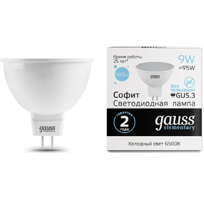 GAUSS 13539 Светодиодная лампа LED Elementary MR16 GU5.3 9W 680lm 6500K 1 / 10 / 100 0