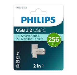 PHILIPS USB Drive 256Gb PHILIPS 2-in-1 USB 3.2 USB C,  OTG,  USB 3.2 / Type-C,  Металл,  100 MB / s