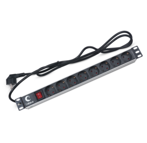 Cabeus PDU-8P-2EU Блок евророзеток для 19" шкафов,  горизонтальный,  8 розеток,  16 A,  выключатель,  шнур 2м,  алюминиевый корпус,  немецкий стандарт