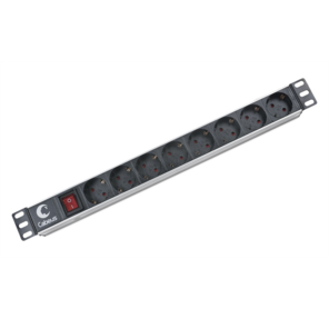 Cabeus PDU-8P Блок евророзеток для 19" шкафов,  горизонтальный,  8 розеток,  10 A,  выключатель,  гнездо под шнур,  алюминиевый корпус