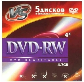 Диск DVD-RW VS 4.7 Gb,  4x,  Конверт  (5),   (5 / 250)