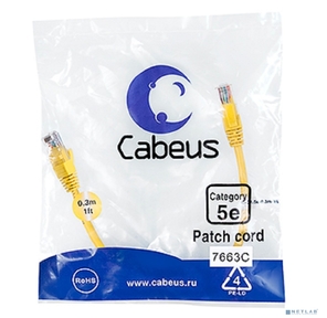 Cabeus PC-UTP-RJ45-Cat.5e-0.3m-YL Патч-корд U / UTP,  категория 5е,  2xRJ45 / 8p8c,  неэкранированный,  желтый,  PVC,  0.3м