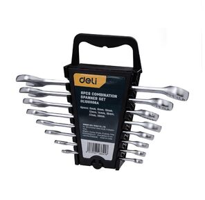 Набор комбинированных гаечных ключей 8 шт Deli DL130008A Спецификация: 6 мм,  8 мм,  10 мм,  12 мм,  14 мм,  15 мм,  17 мм,  19 мм. Матовая хромированная поверхность. Пластиковая упаковка.