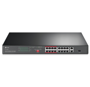 16-port 10 / 100Mbps + 2-port Gigabit unmanaged switch with 16 PoE+ ports,  compliant with 802.3af / at PoE,  150W PoE budget