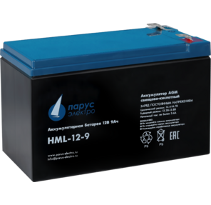 Battery Parus Electro,  professional series HML-12-9,  voltage 12V,  capacity 9Ah  (discharge 20 hours),  max. discharge current  (5sec) 135A,  max. charge current 3.6A,  lead-acid type AGM,  terminals F2,  LxWxH 151x65x94mm.,  total height with terminals 101mm.,  weight 2.9kg.,  service life 12 years.