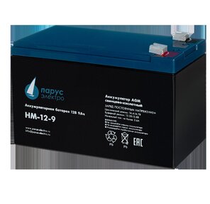 Battery Parus Electro HM-12-9,  standard series HM-12-9,  voltage 12V,  capacity 9Ah  (discharge 20 hours),  max. discharge current  (5sec) 135A,  max. charge current 3.6A,  lead-acid type AGM,  terminals F2,  LxWxH 151x65x94mm.,  total height with terminals 100mm.,  weight 2.65kg.,  service life 6 years.