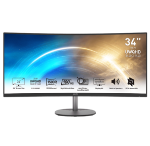 Монитор MSI PRO MP341CQ 34" 21:9 UWQHD (3440x1440) VA Curve1500R,  1ms (MPRT),  3000:1, 100M:1, 300nit, 178 / 178, 2xHDMI 2.0, DP 1.2, Tilt, Speaker, VESA, 100Hz, Black, 1y w-ty