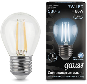 GAUSS 105802207 Светодиодная лампа LED Filament Шар E27 7W 580lm 4100K 1 / 10 / 50
