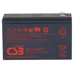 Battery CSB series GP,  HR1224W F2 F1,  voltage 12V,  capacity 24 W / C at 15 min. discharge to U fin. - 1.67 V / Cel at 25°C,   (discharge 20 hours),  max. discharge current  (5 sec.) 130A,  short circuit current 260A,  max. charge current 2.4A,  lead-acid type AGM,  terminals F1 / F2,  LxWxH 150.9x51x98.6mm.,  weight 1.95kg.,  service life 5 years.