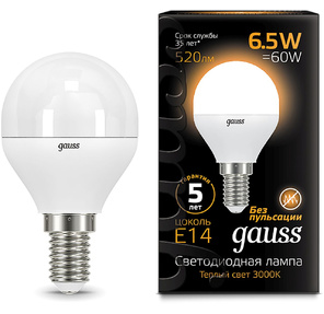 GAUSS 105101107 Светодиодная лампа LED Шар E14 6.5W 520lm 3000K 1 / 10 / 50