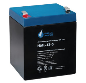 Battery Parus Electro,  professional series HML-12-5,  voltage 12V,  capacity 5.2Ah  (discharge 20 hours),  max. discharge current  (5sec) 75A,  max. charge current 2A,  lead-acid type AGM,  terminals F2,  LxWxH 90x70x101mm.,  total height with terminals 107mm.,  weight 1.95kg.,  service life 12 years.