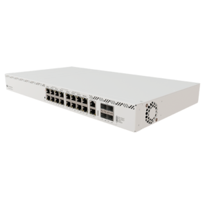 CRS320-8P-8B-4S+RM Cloud Router Switch with dual-core 800 MHz CPU,  256 MB RAM,  98DX226S switch chip,  17 x Gigabit Eth ports  (8 x 802.3af / at,  8 x 802.3bt PoE-out),  4 x 10G SFP+ ports,  RouterOS L5,  1U rackmount enclosure,  600W PSU