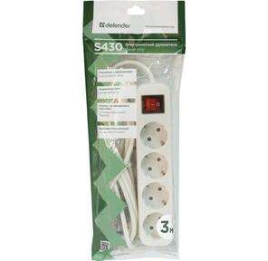 Defender Удлинитель S430 3.0 м,  4 розетки  (99238),  выключатель,  с заземлением