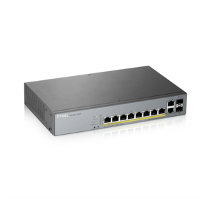 Zyxel GS1350-12HP,  10xGE  (8xPoE+),  2xSFP,  бюджет PoE 130 Вт,  дальность передачи питания до 250 м,  автоперезагрузка PoE-портов,  повышенная защита от перенапряжений и электростатических разрядов
